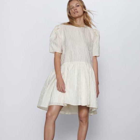 Cream Zara Floral Print Jacquard Textured Flounce Short Sleeve Dress (NWT)
